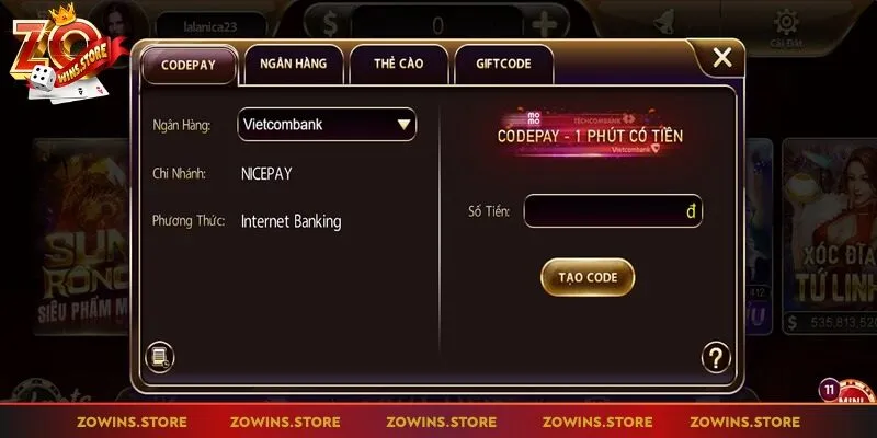 Muốn nạp tiền cược qua code pay cần tạo mã riêng