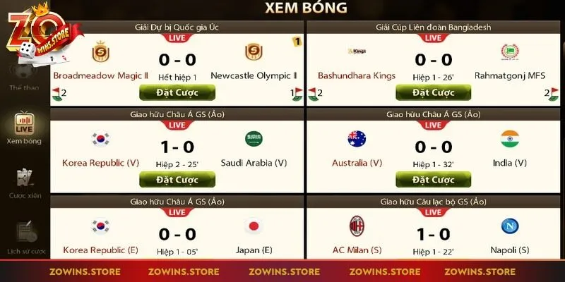 Zowin cung cấp nhiều trận đấu bóng đá hấp dẫn